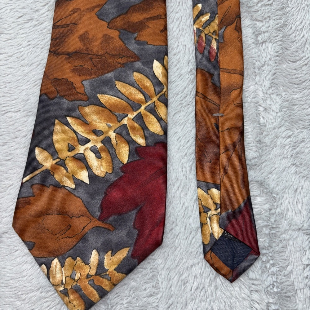 George Machado Mens Silk Tie Brown autumn leaf Made in USA 4" - Picture 2 of 7